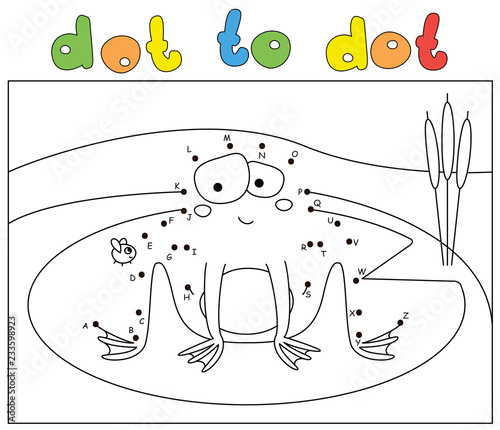 Funny cartoon frog and fly. Coloring book and dot to dot game for kids