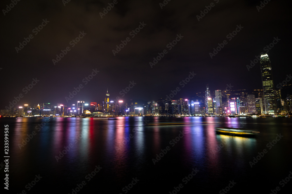 Hong Kong Skyline at night with a shio in the foreground