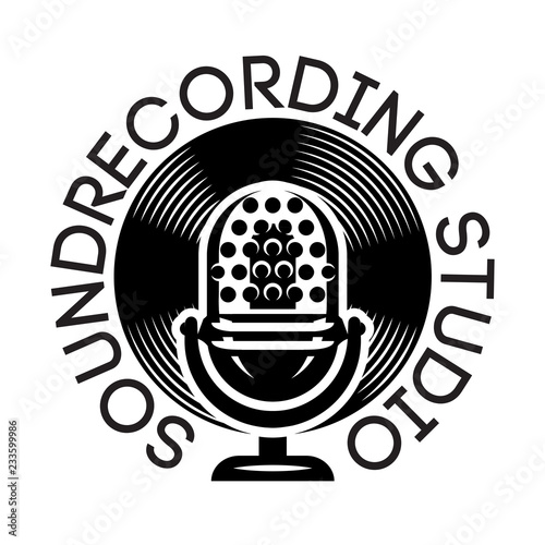 Vector monochrome template for design on a musical theme with microphone and vinyl