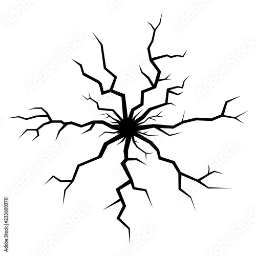 Vector crack. Bullet hole. Black cleft isolated on white background. Fracture in ice, wall or earth. Broken window design element.