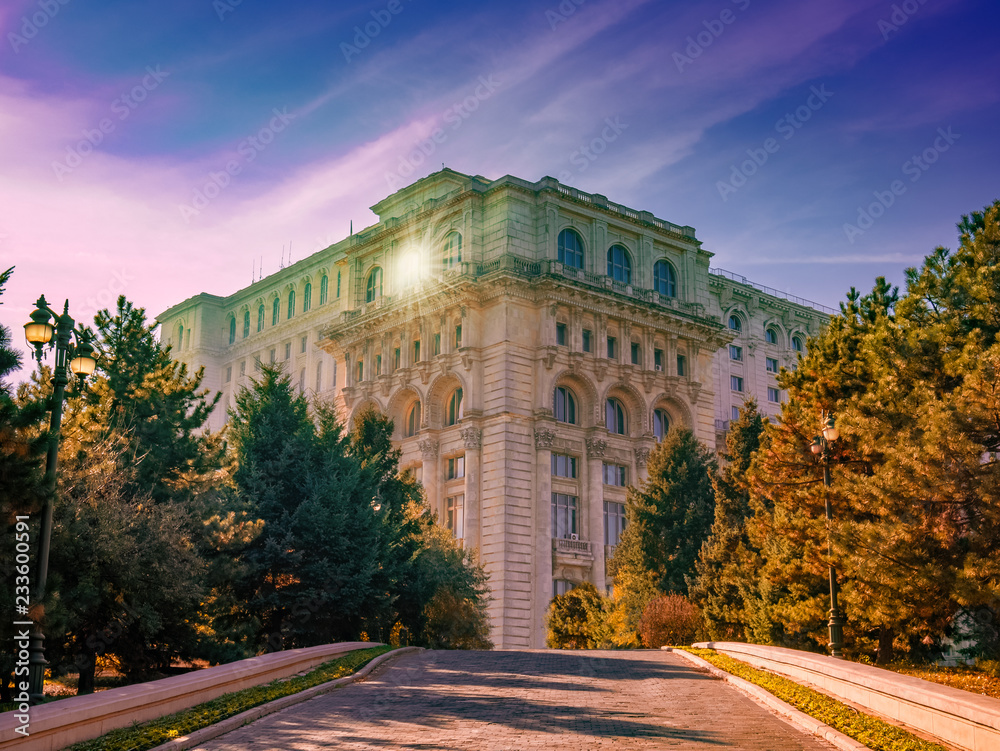 Famous Parliament Palace in autumn season, in a sunshine day, Bucharest Romania