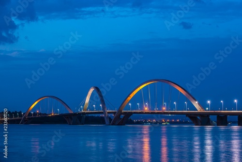 The Juscelino-Kubitschek bridge spans Lake Paranoa, architect Alexandre Chan, Brasilia, Federal District, Brazil, South America photo