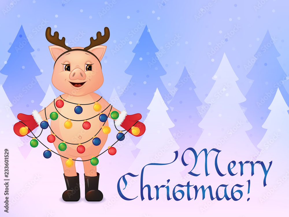 happy new year greeting card. cute smiling pig in deer horns on the background of forest winter landscape. Cartoon character. Vector illustration. happy new year greeting card. cute smiling pig in deer horns on the background of forest winter landscape. Cartoon character. Vector illustration.