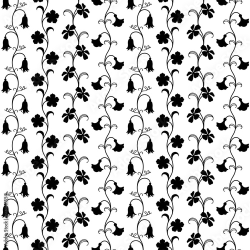 Seamless pattern with abstract black flowers. Petals, leaves and vines. Floral design for cards, fabric, packing materials, clothing. 
