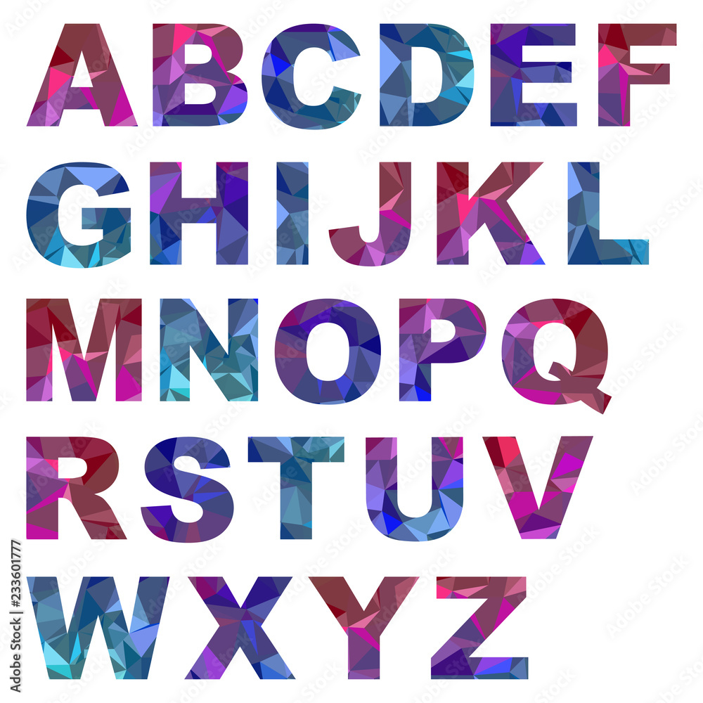 Alphabet, colorful bold letters with polygonal effect. 