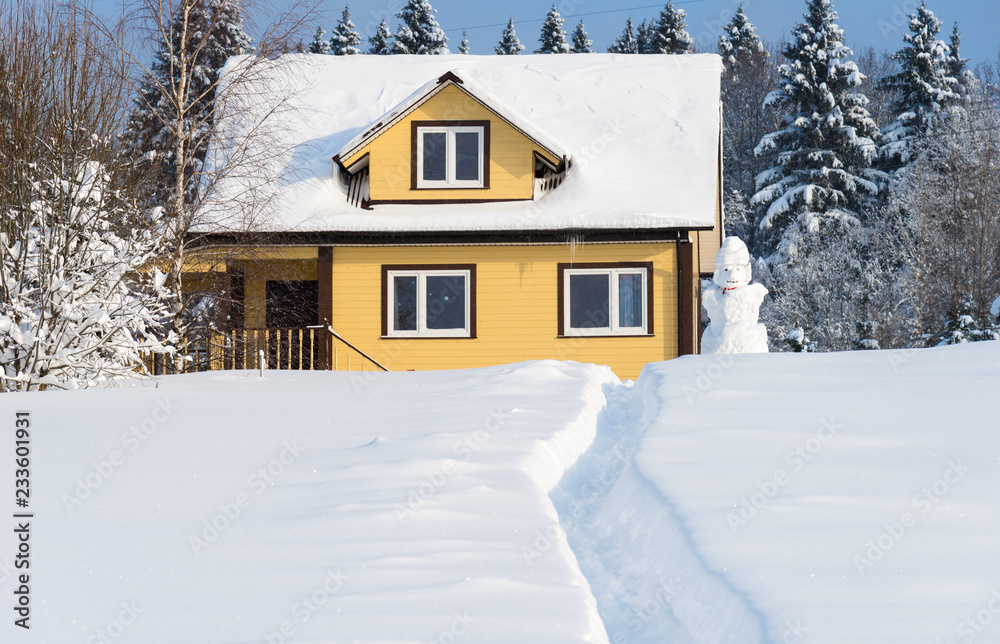 Yellow wooden house with terrace and snowman on forest background in winter sunny day
Yellow wooden house with terrace and snowman on forest background in winter sunny day