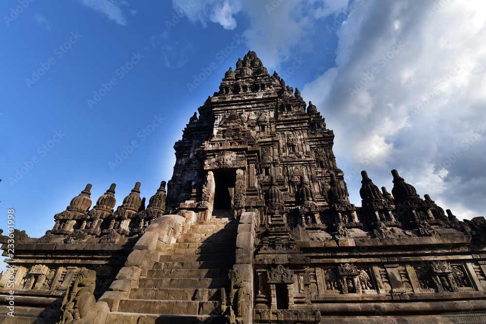 The ruins of the 9th century Hindu temple, Prambanan, tower above the surrounding landscape, Central Java, Indonesia