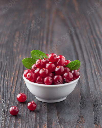 Cranberry. Cranberries with green leaves in small white bowl on the dark wooden table. Fresh cranberries. Copy space. Selective focus. Macro. Closeup.