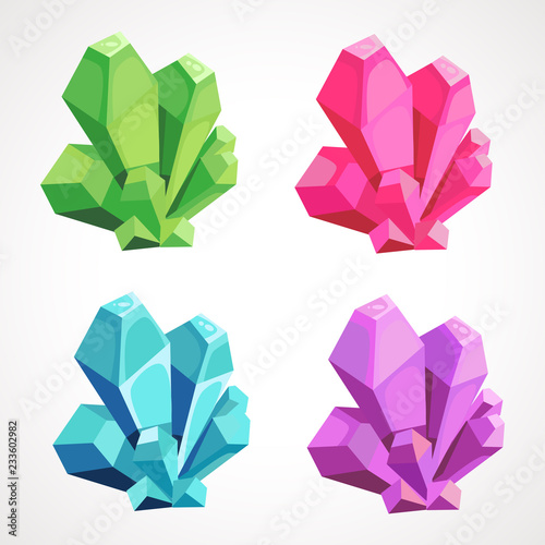 Cartoon set of colored natural crystals. Vector illustration