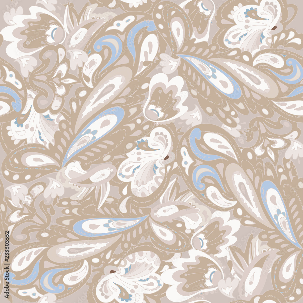 Seamless pattern with delicate oriental ornament. Beige, blue co