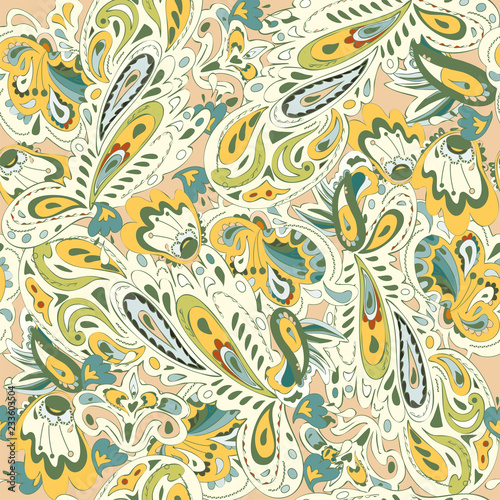 Seamless pattern with oriental ornament. Yellow, gold, beige, bl