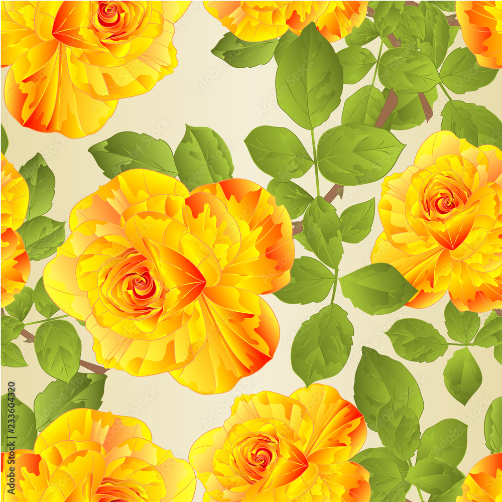 Seamless texture flower yellow  rose stem and leaves vintage natural background vector illustration editable hand draw