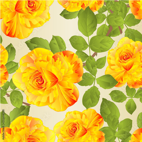 Seamless texture flower yellow rose stem and leaves vintage natural background vector illustration editable hand draw