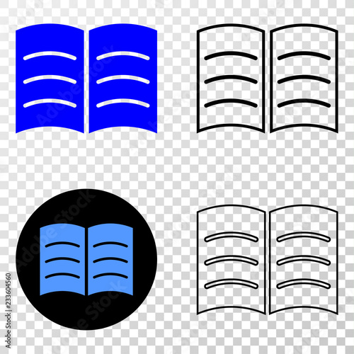 Open book EPS vector pictogram with contour, black and colored versions. Illustration style is flat iconic symbol on chess transparent background.