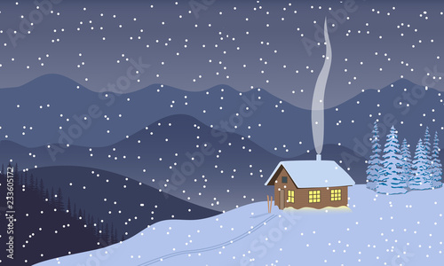 Winter evening twilight or night with illuminated house, distant mountains, skies, snow,