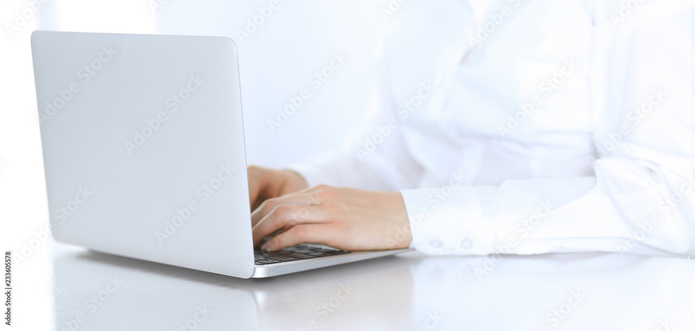 Fototapeta premium Close-up of business woman hands typing on laptop computer. Secretary at work in office