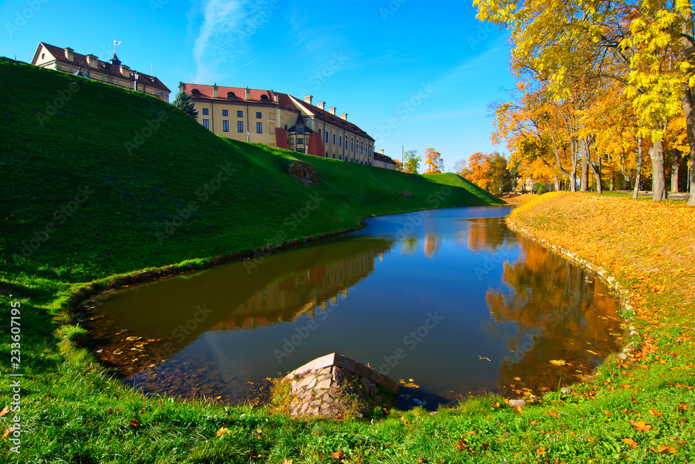 Fototapeta premium Nesvizh. Belarus. Radziwill Castle. Castle pond 