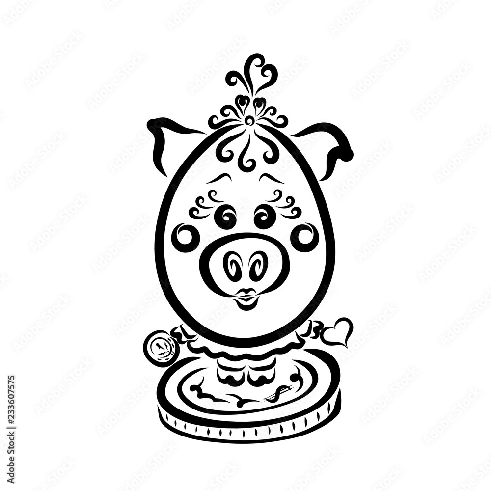 Cute little girl pig standing on a big coin with money and a heart in her hands Cute little girl pig standing on a big coin with money and a heart in her hands