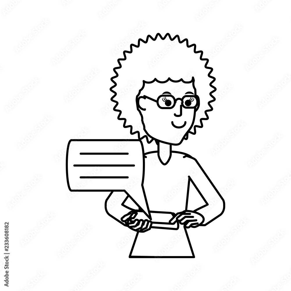 woman afro hair with smartphone and speech bubble