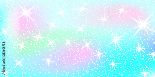 Unicorn rainbow background. Holographic sky in pastel color. Bright mermaid pattern in princess colors. Vector illustration. Fantasy gradient colorful backdrop with rainbow mesh.