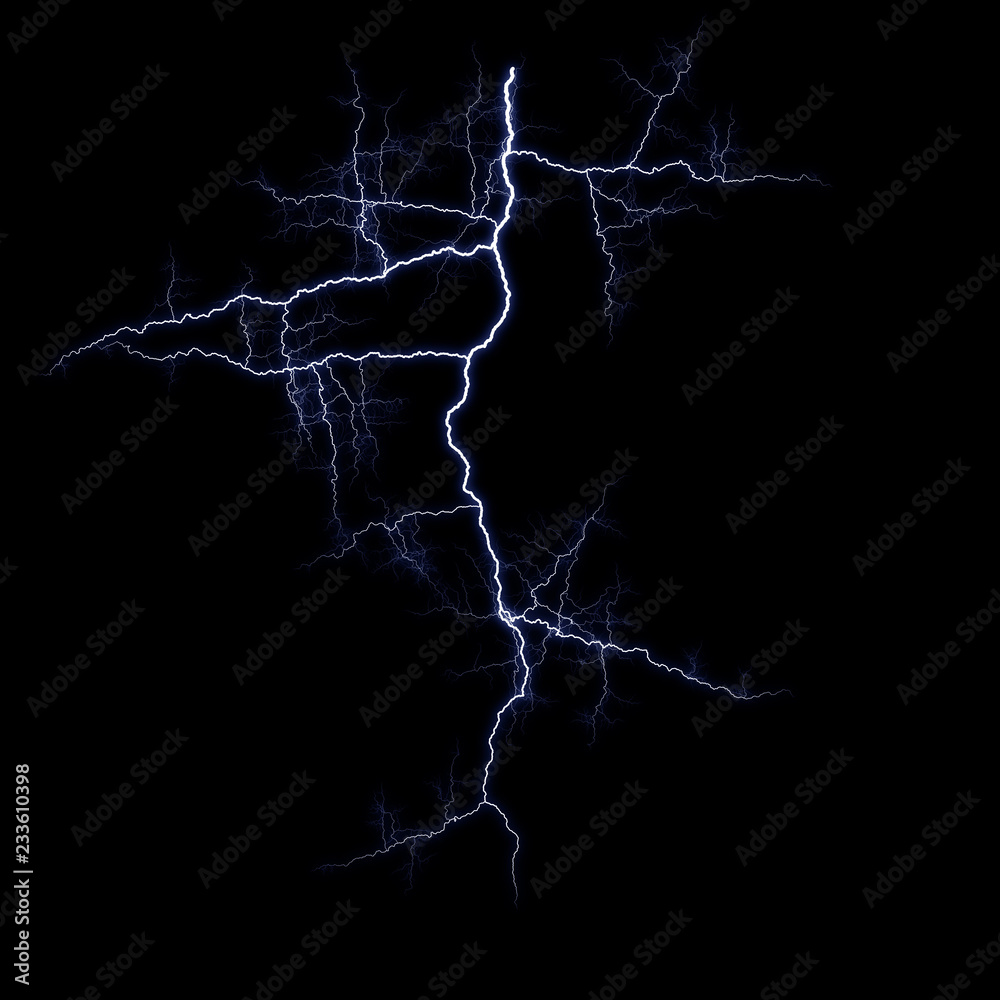 Isolated realistic electrical lightning strike visual effect on black night background. Energy change. 