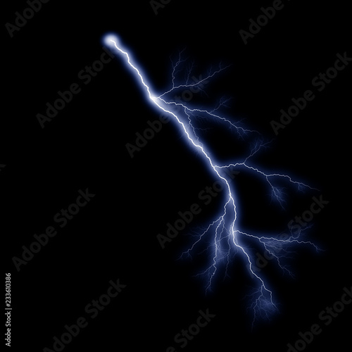 Isolated realistic electrical lightning strike visual effect on black night background. Energy change.  © artistmef