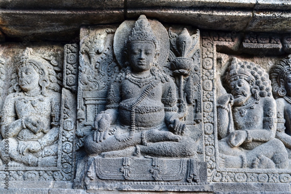 Relief panel of Lokapala god, Shiva temple, Prambanan temple complex, Yogyakarta, Java, Indonesia