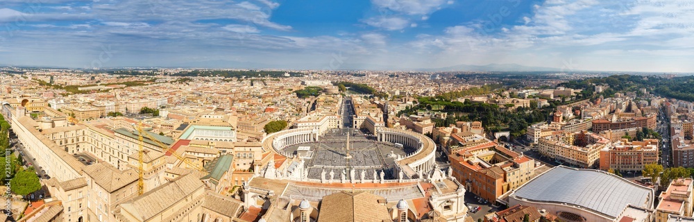 Panorama Cityscape from height, Saint Peter's Square and Cathedral of St. Peter near river Tiber. Rome, Italy