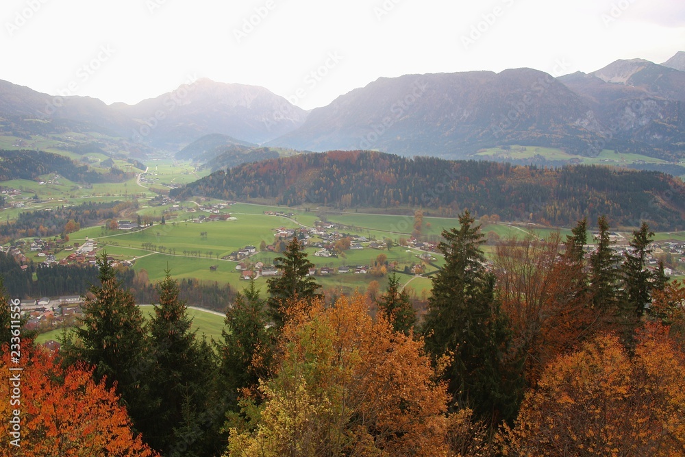 Panoramic view of autumn trees and the alps in Upper Austria, seen from the viewing tower Wurbauerkogel. From here, one has a fascinating view of the surrounding mountains. Europe.