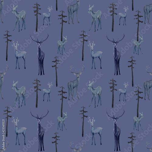 Winter seamless pattern with deer in forest
