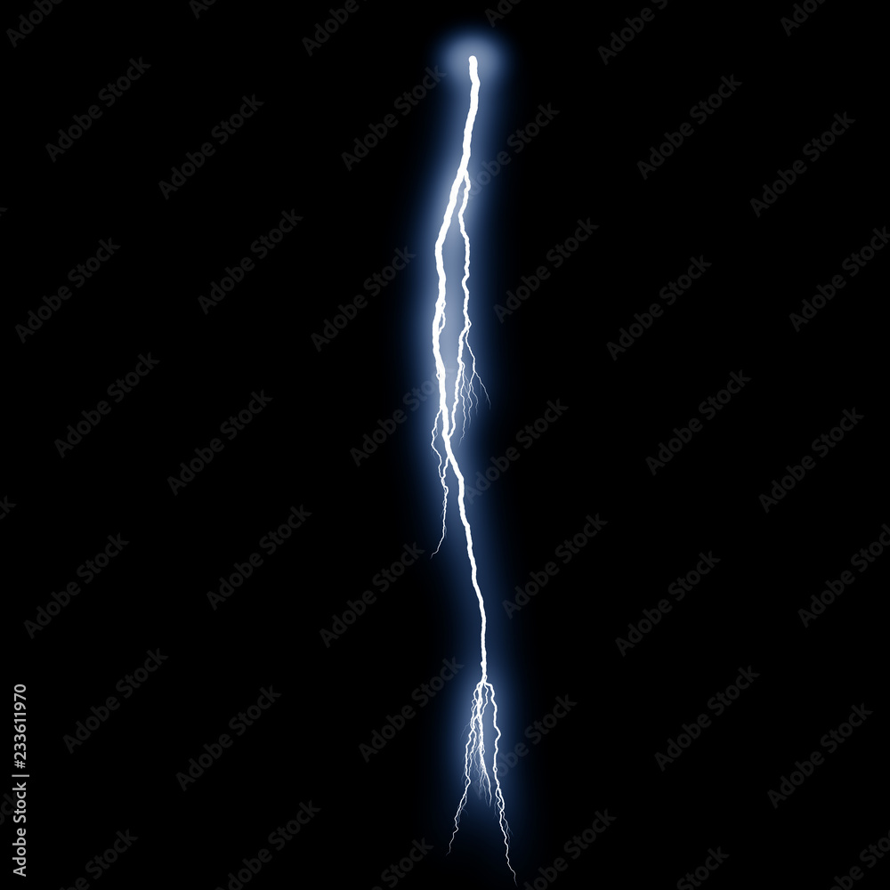 Isolated realistic electrical lightning strike visual effect on black night background. Energy change. 