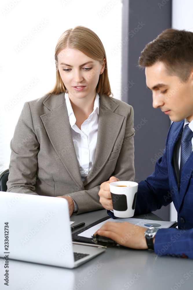 Business people using laptop pc while discussing project in office. Successful meeting and negotiation concepts Business people using laptop pc while discussing project in office. Successful meeting and negotiation concepts