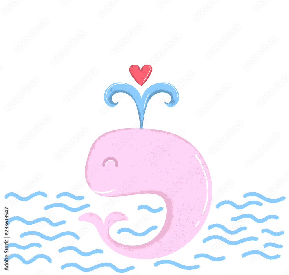 Pink Whale and heart vector illustration on white background with waves. 