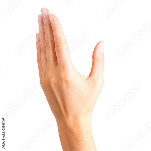 Woman hand holding something. Side view isolated with clipping path