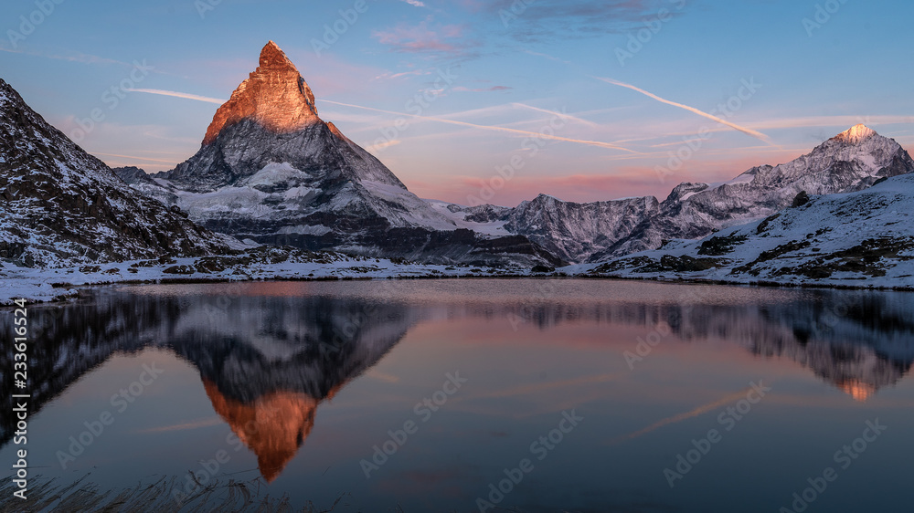 A beautiful sunrise on The Matterhorn after the first snowfall of the season.