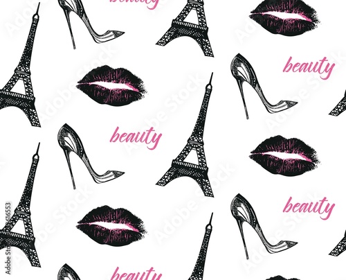 Fashion seamless pattern with imprint of lips, Eiffel tower and high heel shoe .