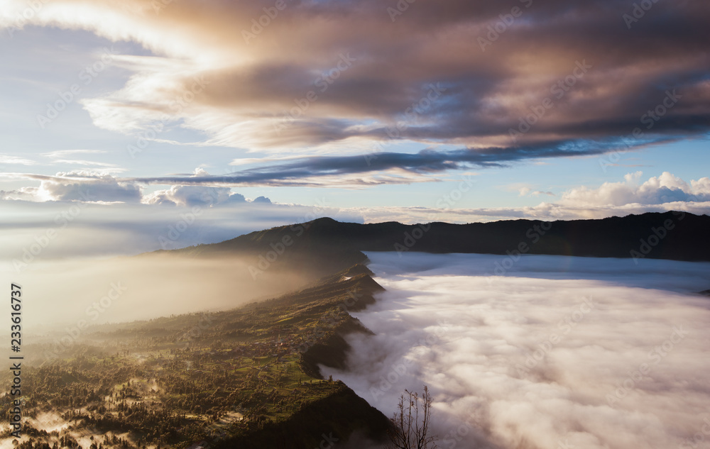 aerial landscape morning photo misty scenery hill, view point