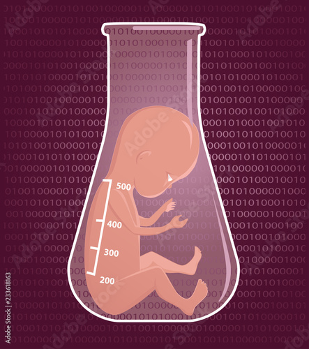 Human fetus in Erlenmeyer flask as a metaphor for in vitro fertilization, EPS vector illustration