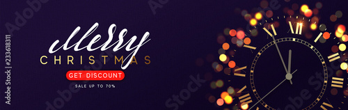 Horizontal banner with Merry Christmas and Happy New Years. Background with shining vintage golden clock, bright glowing gold lights bokeh.