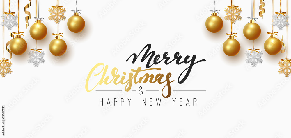 Naklejka premium Merry Christmas and Happy New Year. Background design of xmas balls with golden glitter snowflake hanging on the ribbon.