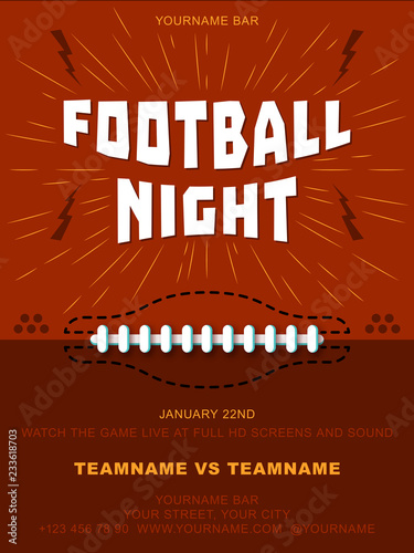 American Football night. Background give the perfect promotion for your upcoming Super Bowl, College Football or Pro Football Screening. A flyer design perfect for tailgate parties, football invites
