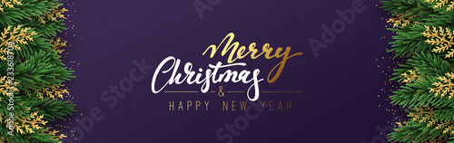 Christmas vector background. Xmas sale  holiday web banner. Design christmas decorations green and golden pine branches