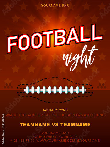 American Football night. Background give the perfect promotion for your upcoming Super Bowl, College Football or Pro Football Screening. A flyer design perfect for tailgate parties, football invites