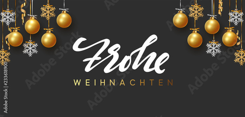 German text Frohe Weihnachten. Merry Christmas and Happy New Year. Background design of xmas balls with golden glitter snowflake hanging on the ribbon.