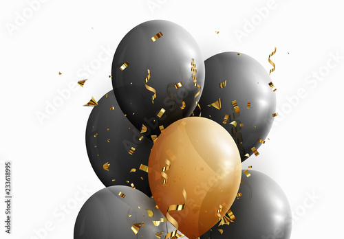 Black and yellow balloons, falling golden confetti and serpentine.