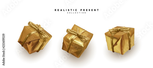 Gold gifts, box realistic isolated on white background. Set of decorative presents