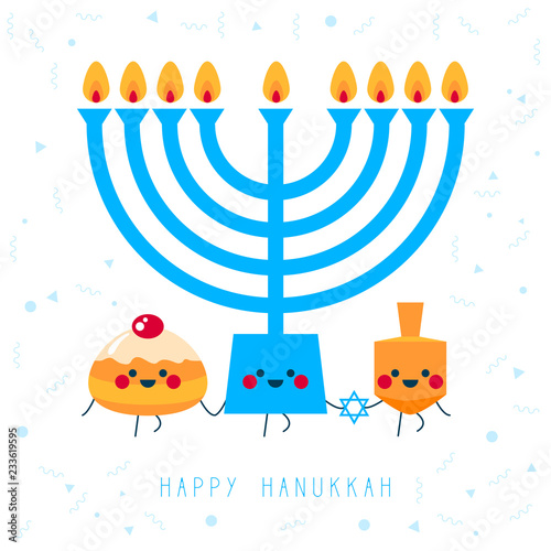 Happy Hanukkah! Greeting card for jewish holiday. Hanukkah donut sufganiyot, wooden dreidel (spinning top),  menorah