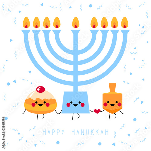 Happy Hanukkah! Greeting card for jewish holiday. Hanukkah donut sufganiyot, wooden dreidel (spinning top),  menorah