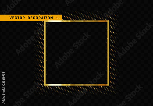 Golden square frame isolated on transparent background. Glitter border shining particles, of light effects