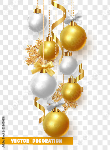 Christmas balls with ribbon and bow. Xmas decorative bauble realistic isolated on transparent background